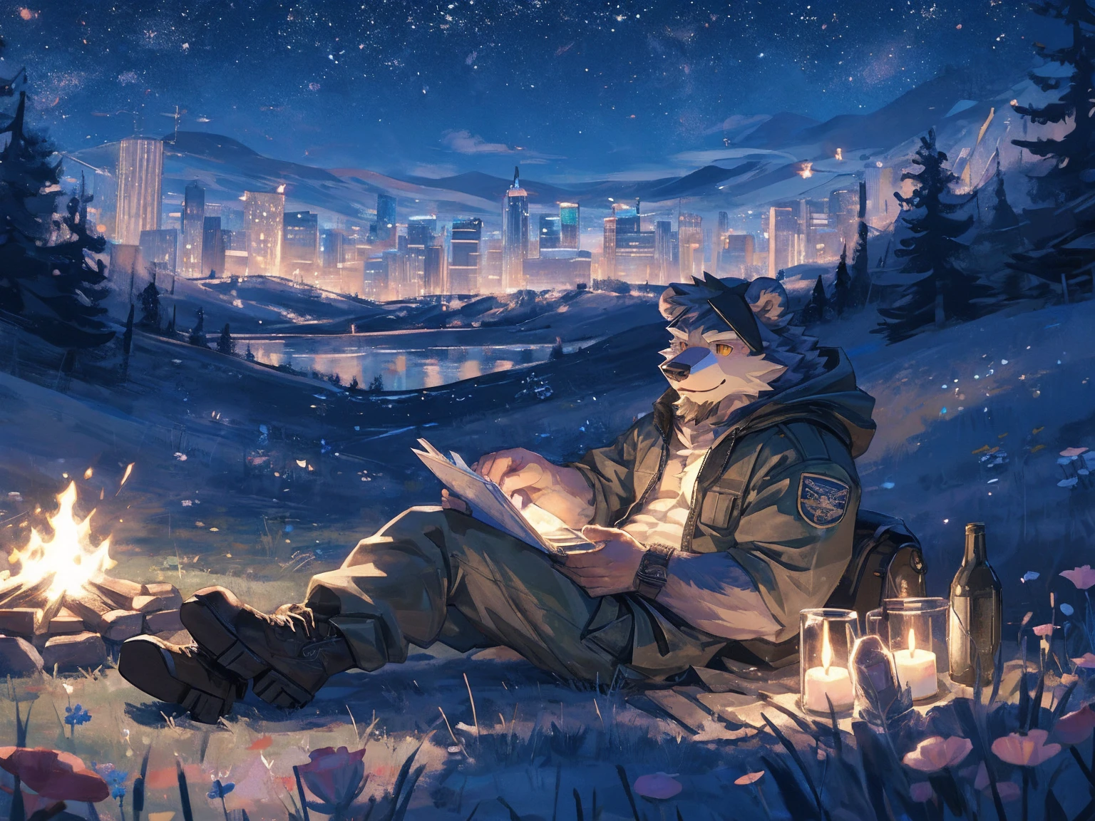 (masterpiece:1.2), best quality,pixiv,official art,perfect anatomy, (Ray tracing, light),solo, (1_male:1.3) , (muscle), (grey fur:1.4), (muscle bear), (beard:1.2), (gleaming golden eyes), bear tail, Thick black eyebrows, (open hooded parka) , (naked inside:1.2), cargo pants, (boots:1.2), (A skyline at lakeland:1.3),twinkling stars, Milky Way, outdoors ,solo camp , camping, flower road, flower . trees
