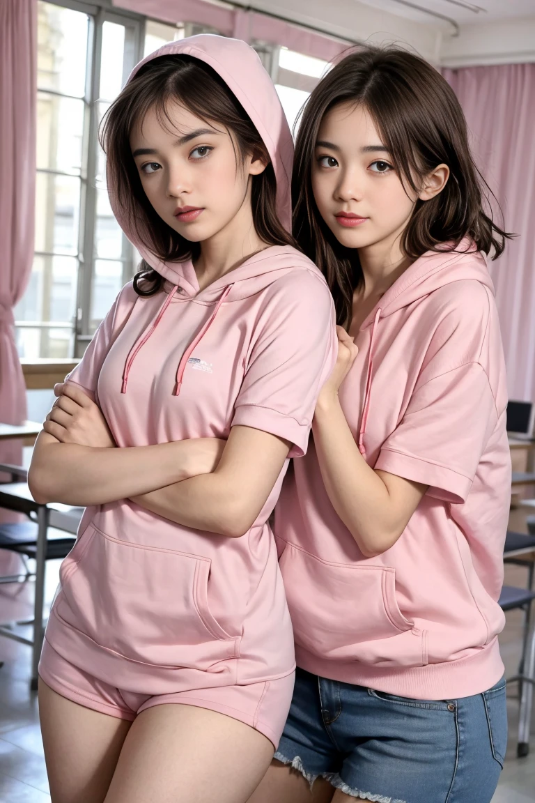 deux femmes ensemble de 18 ans sexy et mince , pink short sleeve hoodie , jambe visible , se touche,salle de classe,position sensuel