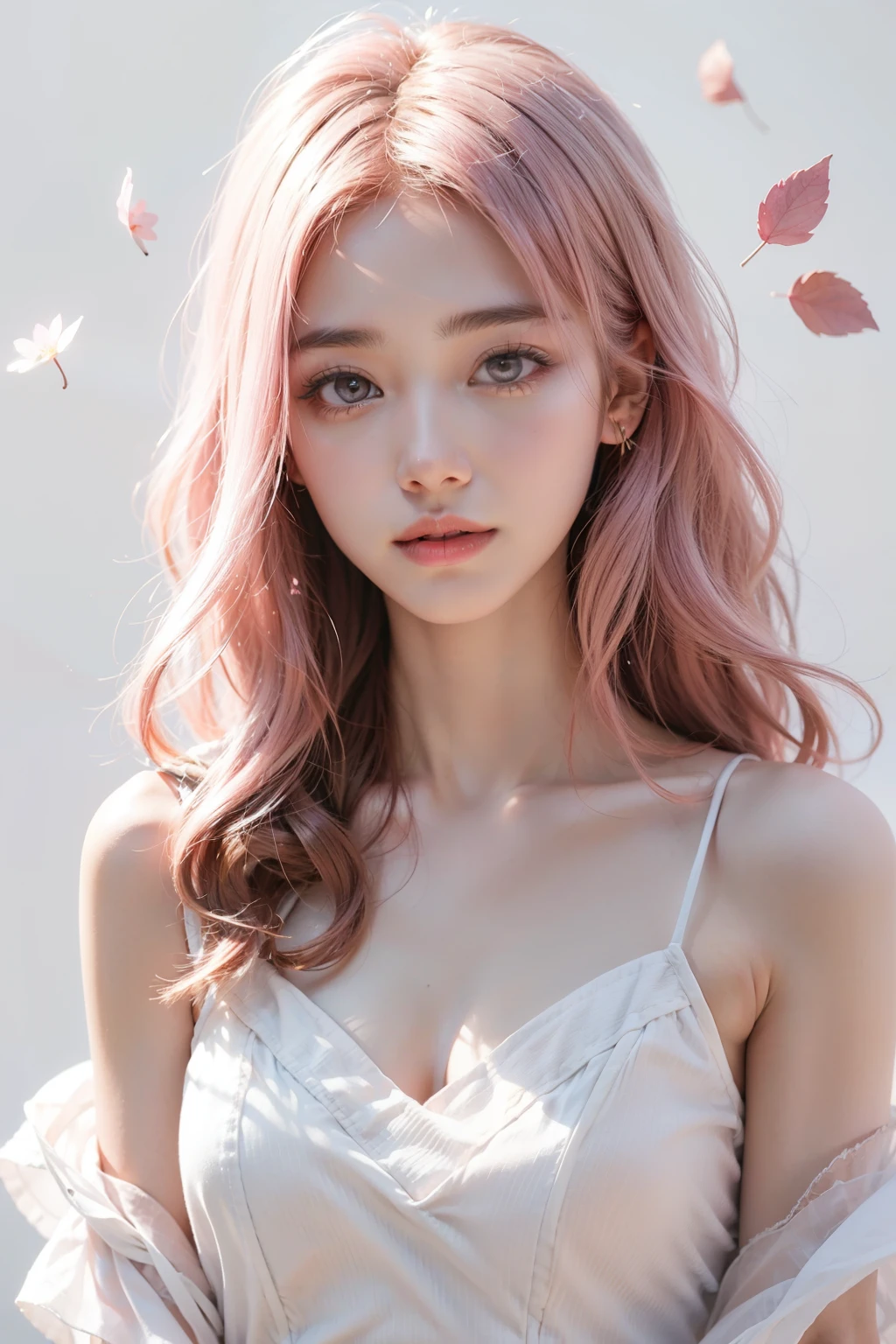 Light pink hair, pink eyes, pink and white, sakura leafs, vivid colors, white dress, paint splash, simple background, ray tracing, wavy hair