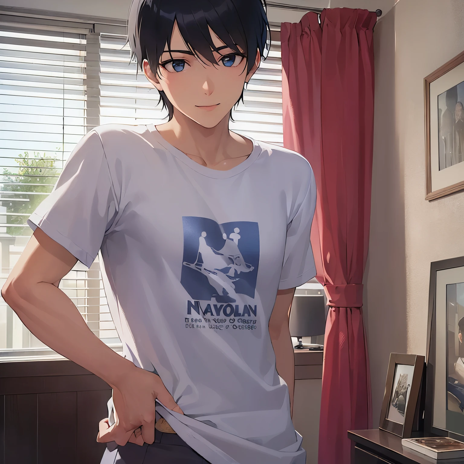 (looking away:1.5), upper body、shiny skin, masterpiece、Highest quality、(25-year-old male:1.5) and (Black short hair) and (blue eyes), White T-shirt、Are standing、(smile:1.2)、The background is the living room、alone