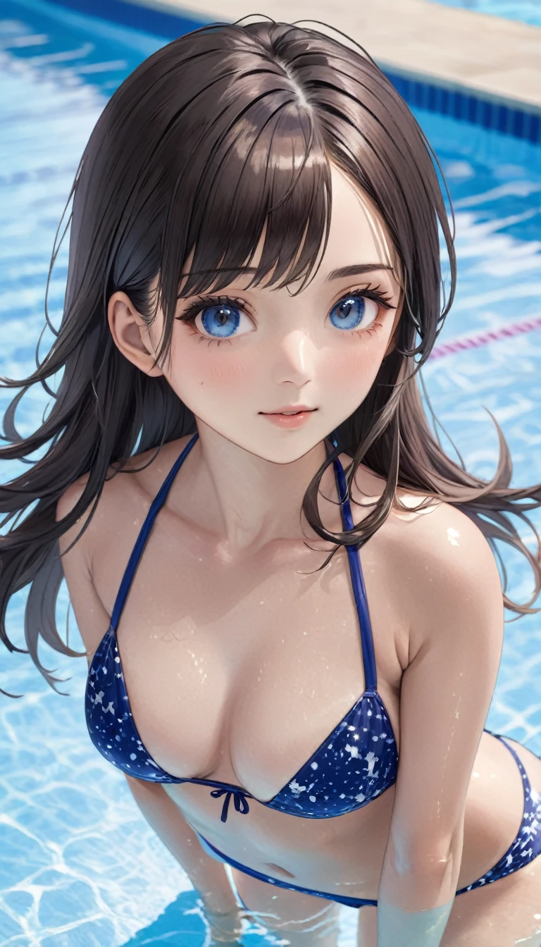 (((masterpiece))),(((High resolution))), (((perfect face)))、(((Japan beauty)))、, (((bikini))), ((top quality eyes)), detailed texture, ((high resolution face)), (at the swimming pool), (((leaning forward)))