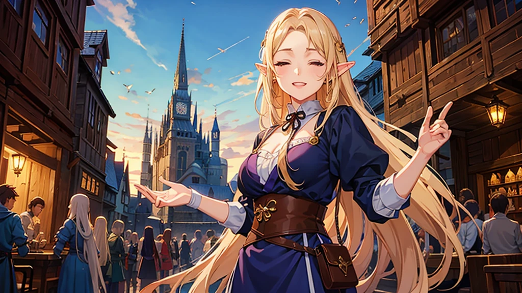 Anime Style,Nostalgic,Detailed background,The medieval world,A lively bar with lots of people,Beautiful sky,Beautiful bard elf girl with closed eyes