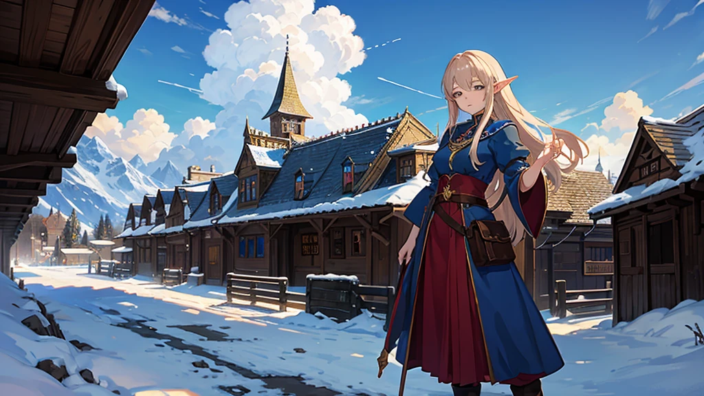 Anime Style,Nostalgic,Detailed background,The medieval world,A lively bar with lots of people,Beautiful sky,Beautiful bard elf girl with closed eyes