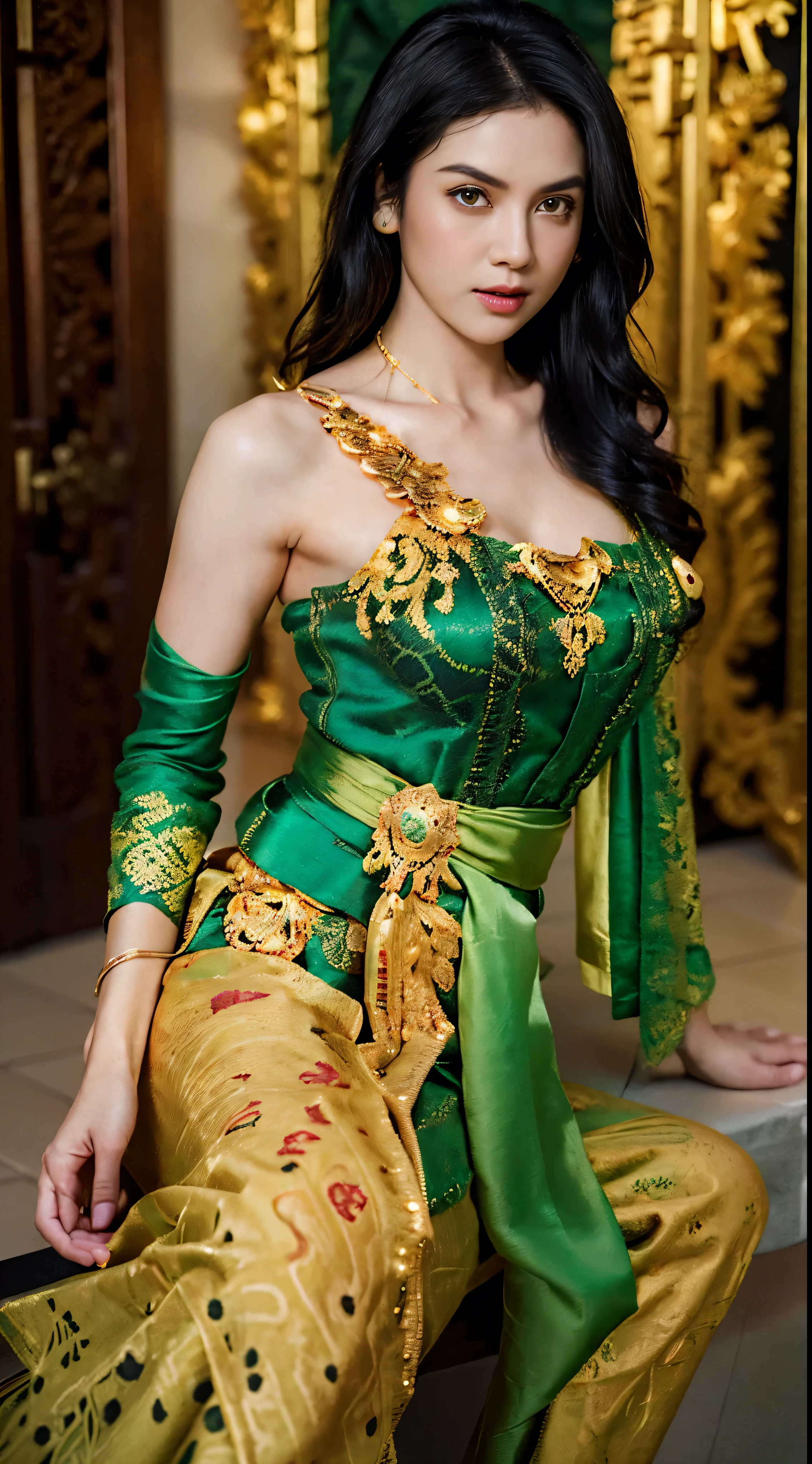 Photorealistic Production, (One Person), (Realistic Image of a 25 Years Old British Female Model), (Shoulder-level Wavy Black Hair:1.6), (Athletic Body Builds:1.4), (Pale Skin:1.4), (Wearing a Green Ornated Kebaya Dress with Silk Cloth and Golden Jeweleries:1.6), (Serious Face), (Deep Cleavage), (Elegant Pose:1.6), Centered, (Waist-up Shot:1.4), From Front Shot, Insane Details, Intricate Face Detail, Intricate Hand Details, Cinematic Shot and Lighting, Realistic Colors, Masterpiece, Sharp Focus, Ultra Detailed, Taken with DSLR camera, Realistic Photography, Depth of Field, Incredibly Realistic Environment and Scene, Master Composition and Cinematography