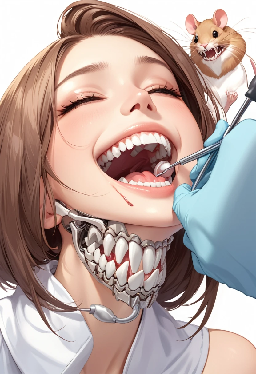 arafed woman getting her teeth checked by a dentist, Highly detailed back mouse, Drooling and baring teeth, Smaller mouth, Delicate jaws, Small chin, Underbite, Hinged jaw, dentist, The taste is simple and pleasant, Biomechanical open chewing mouth, Small and big smile, An unpleasant crooked smile, A kind smile, Open your mouth wide, Mouth details, Straight Joe