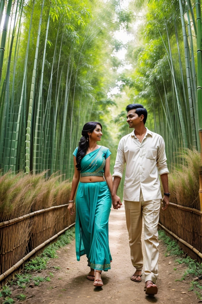 Lovly indian couple walking in bamboo forest with handling hand, proper clothing, hd image, proper definition face