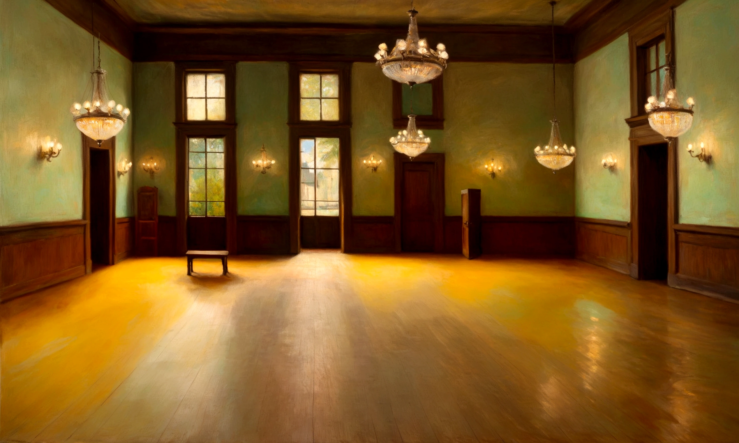 painting of a room with a chandelier in the middle, in a large dance hall, painting of a room, empty dance hall, with bars, wooden floor, chandeliers, empty room, by edgar degas painting