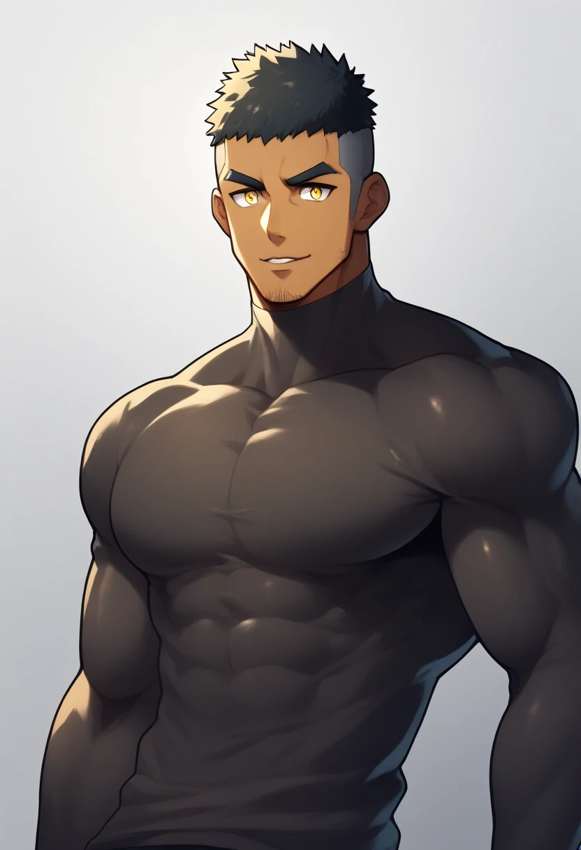 Leave the top half blank, anime characters：Gyee, Muscle Sports Student, negro black skin, 1 dark skin muscular tough guy, Manliness, male focus, Light yellow high collar long sleeve tight T-shirt, Slightly transparent material, Very tight, Round, full and perky chest muscles, Slightly transparent, muscular male, muscular, only, Upper body, alone, Black short hair, Thick eyebrows, stubble, Yellow eyes, Grey background, simple background, amazing quality, best aesthetics, Ridiculous, bright pupils, crew cut, parted lips, seductive smile, torogao, naughty face, drop shadow, best quality