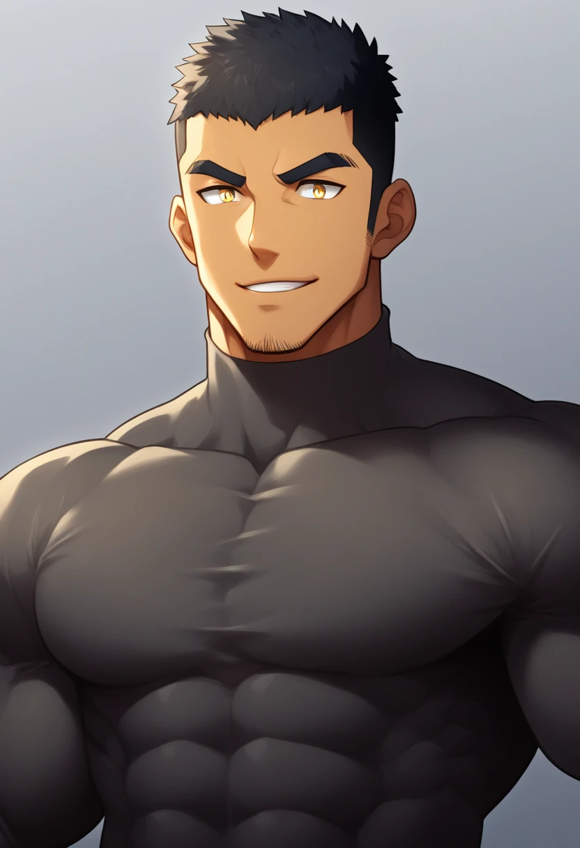 Leave the top half blank, anime characters：Gyee, Muscle Sports Student, negro black skin, 1 dark skin muscular tough guy, Manliness, male focus, Light yellow high collar long sleeve tight T-shirt, Slightly transparent material, Very tight, Round, full and perky chest muscles, Slightly transparent, muscular male, muscular, only, Upper body, alone, Black short hair, Thick eyebrows, stubble, Yellow eyes, Grey background, simple background, amazing quality, best aesthetics, Ridiculous, bright pupils, crew cut, parted lips, seductive smile, torogao, naughty face, drop shadow, best quality