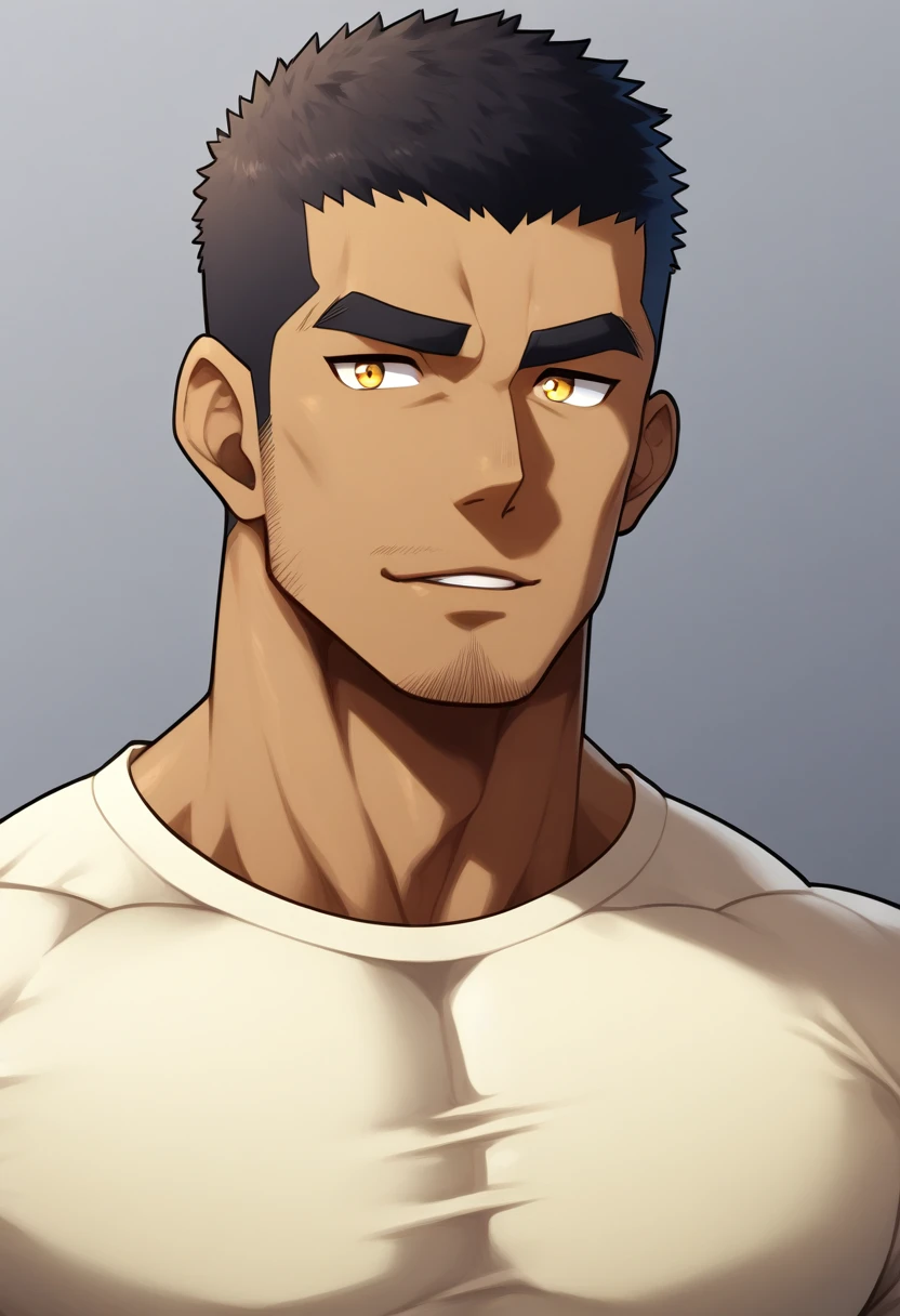 Leave the top half blank, anime characters：Gyee, Muscle Sports Student, negro black skin, 1 dark skin muscular tough guy, Manliness, male focus, Light yellow high collar long sleeve tight T-shirt, Slightly transparent material, Very tight, Round, full and perky chest muscles, Slightly transparent, muscular male, muscular, only, Upper body, alone, Black short hair, Thick eyebrows, stubble, Yellow eyes, Grey background, simple background, amazing quality, best aesthetics, Ridiculous, bright pupils, crew cut, parted lips, seductive smile, torogao, naughty face, drop shadow, best quality