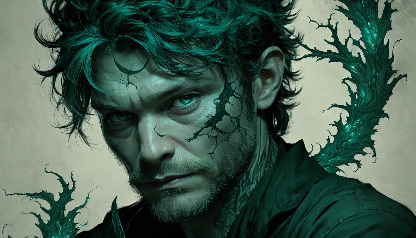 Jamie Hewlett, RAW photo, Yoji Shinkawa, Naturecore, Cinematic still, Spellbinding Guy, Charlie Bowater, Teal and dark green fractal art, portrait art by Alan Davis