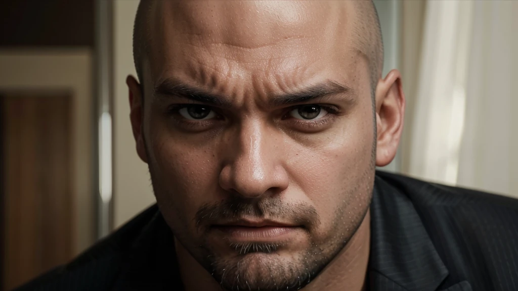 bald andrew tate, goatee beard, classic suit, arrogant domineering manly intense focused angry, aggressive, close up face, slim fit man