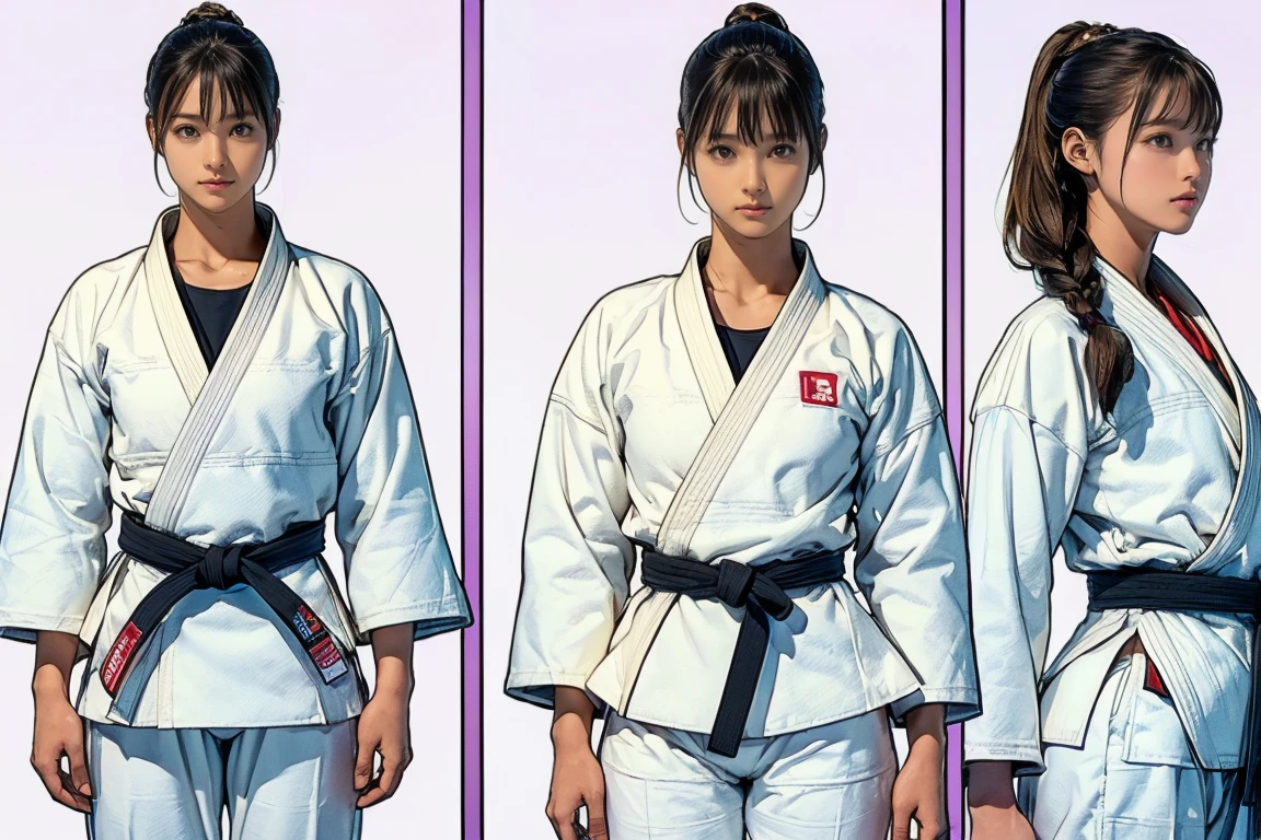 ((masterpiece)),(((highest quality))),((reference sheet, character design, front, Return, ~ side, Mister.々hairstyle, Mister.々expression, Facial expressions)), girl, Cute guy, (Very thin:1.4), (very small:1.4), (realistic buttocks:1。2), big , Short Bob, thin thighs, long legs, no big deal, ((Female Judoka, White judo suit and black belt)), ((Not suitable for work:1.0))