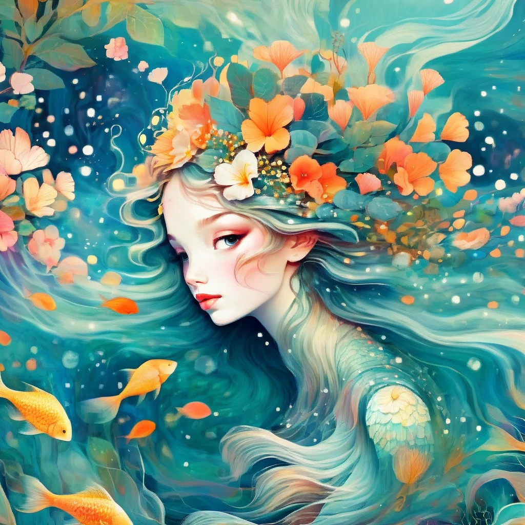 Tropical Island Mermaid by Victo Ngai and Anna Dittmann, flowerpunk, serene stylized, ocean, ukiyo-e, beksinski, leonid afremov