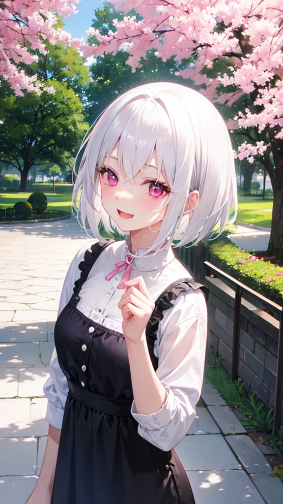 White Hair、Pink Eyes、Short Hair、laughing、Only one girl、alone、Cute、Face is close、Daytime、at the park、it&#39;s raining、With an umbrella