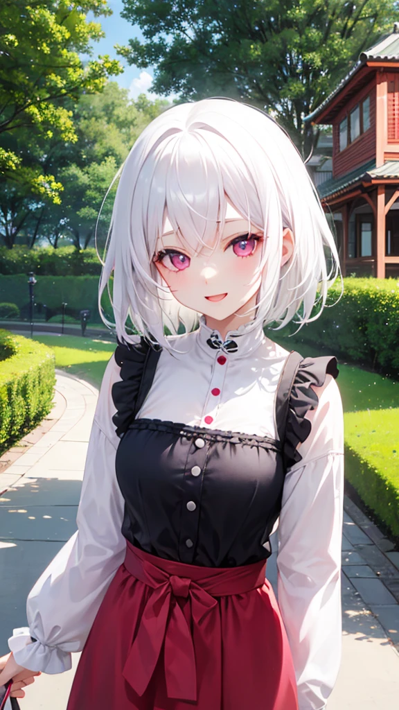 White Hair、Pink Eyes、Short Hair、laughing、Only one girl、alone、Cute、Face is close、Daytime、at the park、it's raining、With an umbrella