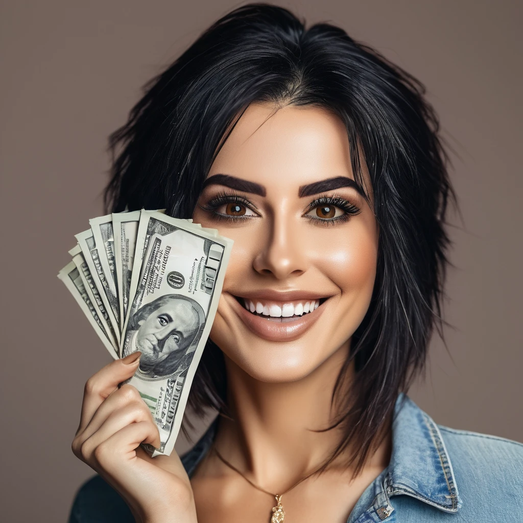 bearded woman beautiful shaggy beard, black hair, brown eyes, eyeliner, proud smile, seductive look, hold a load of dollar bills