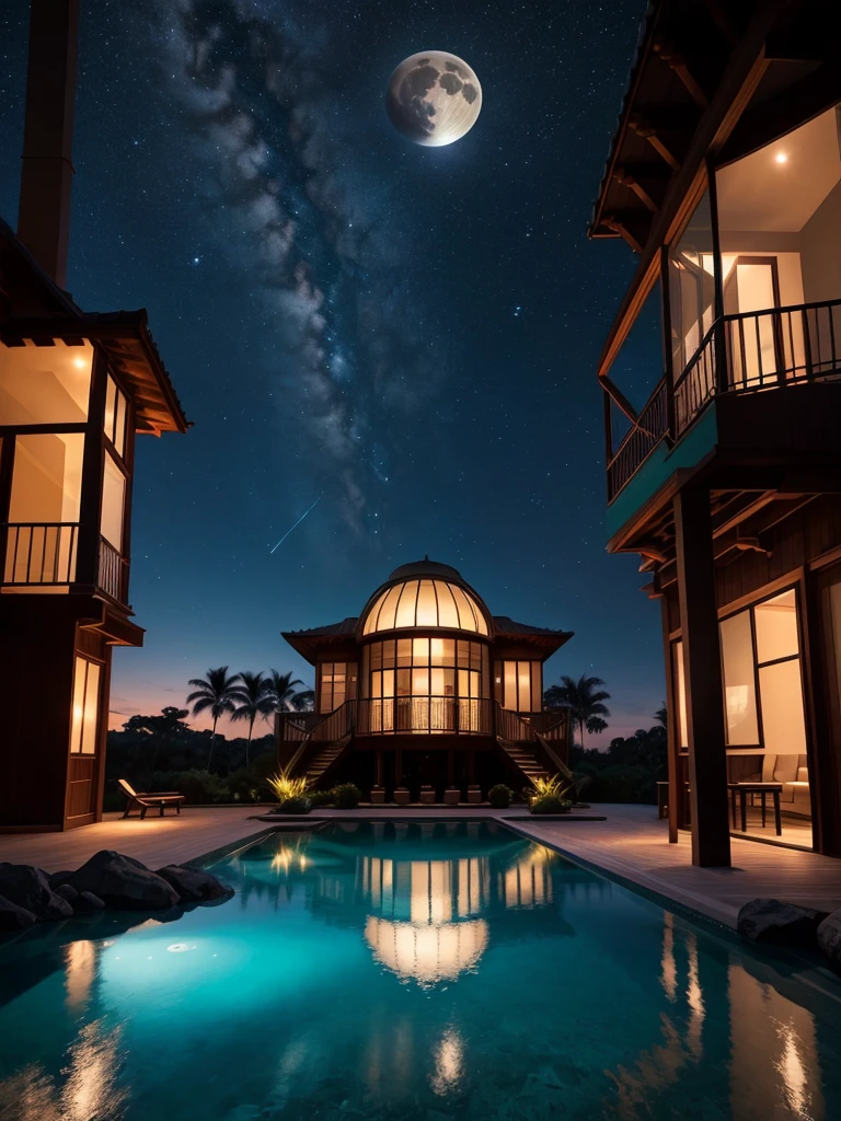 A futuristic, glass-domed house is situated on the edge of a serene body of water, reflecting its surroundings perfectly. The house features a sleek, modern design with multiple stories and expansive windows. It stands amidst lush, tropical vegetation, including several palm trees. The sky is dominated by a massive, ethereal moon that illuminates the scene with a soft, otherworldly light. The night sky is filled with vibrant, multicolored nebulae and distant stars, creating a cosmic and dreamlike atmosphere. The lighting is predominantly cool and luminous, with a mix of teal and deep blues. The water below mirrors the celestial scene above, adding to the surreal and tranquil ambiance. The perspective is slightly tilted upwards, emphasizing the grandeur of the house and the vastness of the sky.