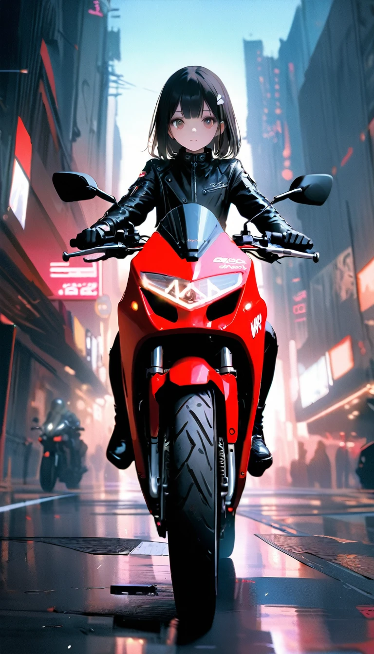 [artist:ningen_mame],[artist:sho_(sho_lwlw)],[artist:mignon],[artist:kedama milk],[artist:ask_(askzy)],artist:wanke,artist:wlop,artist:fujiyama,year 2024,8k,cyberpunk style,1girl,(Miyu Edelfelt),black hair,brown eyes,,Tight leather jacket and leather pants cover the whole body,High-heeled leather boots,(riding red Ducati 900ss motorcycle),Beautiful,Glowing special effects,celluloid style,Flat coating,HD,CG art,comics,8K,looking into camera,high quality,illustration,Vaporwave style,rim light,movie lighting,Super detailed,complex,OC renderer,cinematic perspective,high resolution