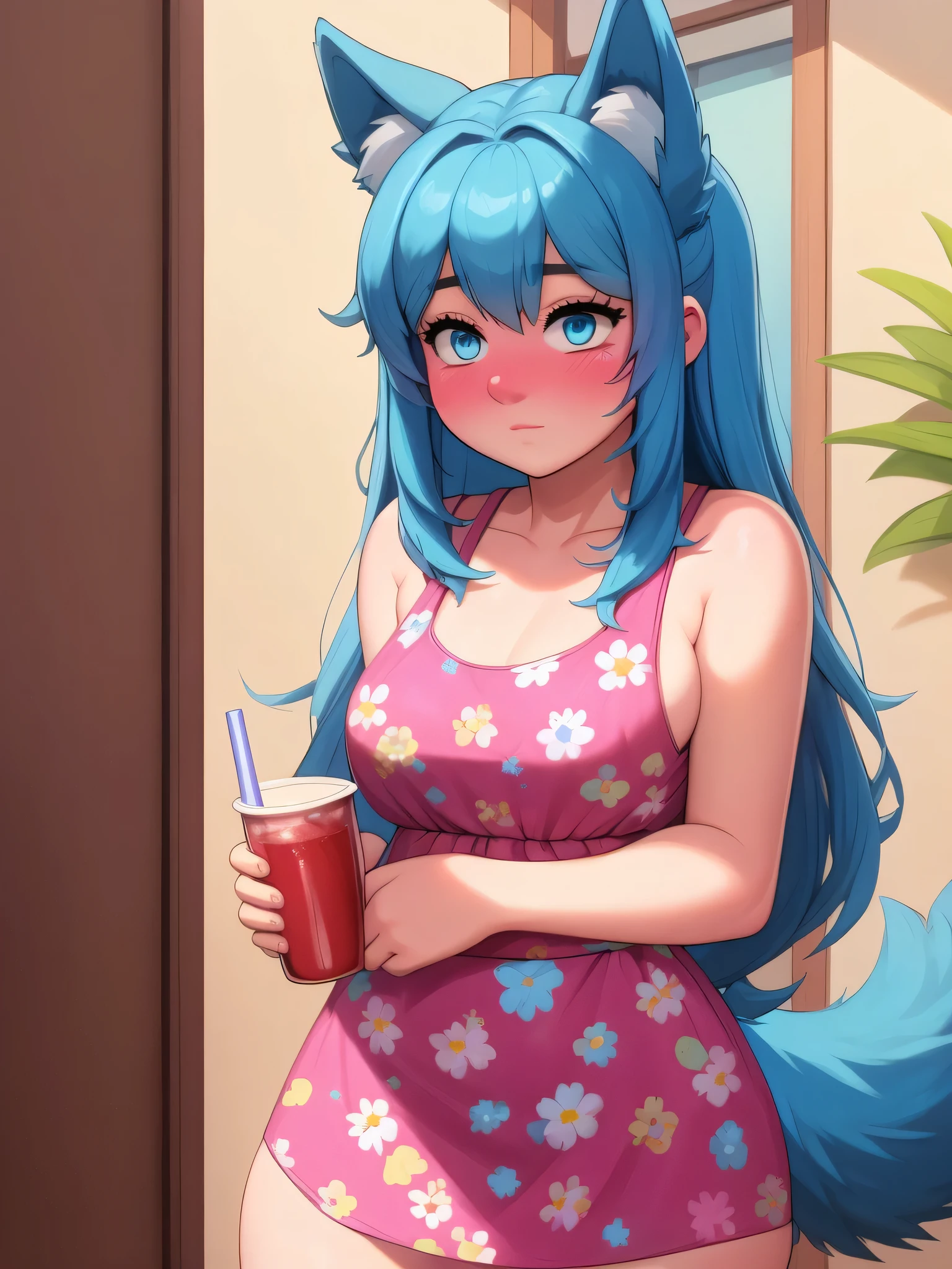 (Masterpiece) (High Detail) (High Res) A close up of a short humanoid girl with pale human skin and blue eyes and long blue hair and blue dog ears and a fluffy blue dog tail and average breasts. She is stood in the corner at a house party. She is wearing a summer dress with a floral pattern on it. She is holding a red drinking cup. She has blushing cheeks and looks nervous. There are other people in the background of the party. Party decorations. 