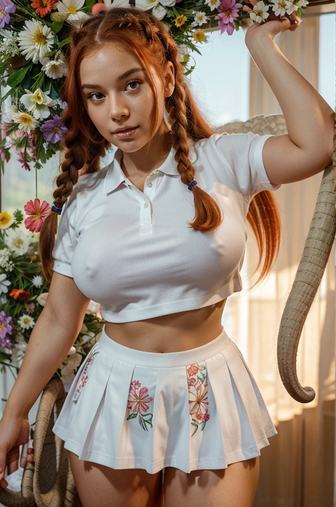 1 girl with red hair in braids, body and face facing the front of the screen, eyes looking straight, looking forward, hair woven with many flowers, white skin, big breasts, big butt, multicolored short skirt, polo shirt white, with angel wings, standing next to an elephant, posing seductively