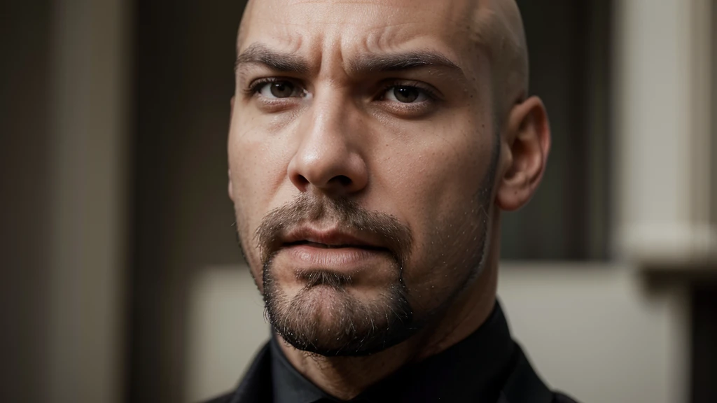 bald andrew tate, goatee beard, classic suit, arrogant domineering manly intense focused angry, aggressive, close up face, skinny fit man