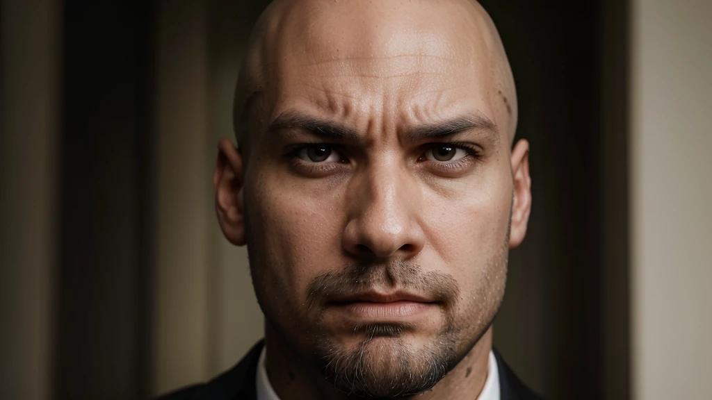 bald andrew tate, goatee beard, classic suit, arrogant domineering manly intense focused angry, aggressive, close up face, skinny fit man