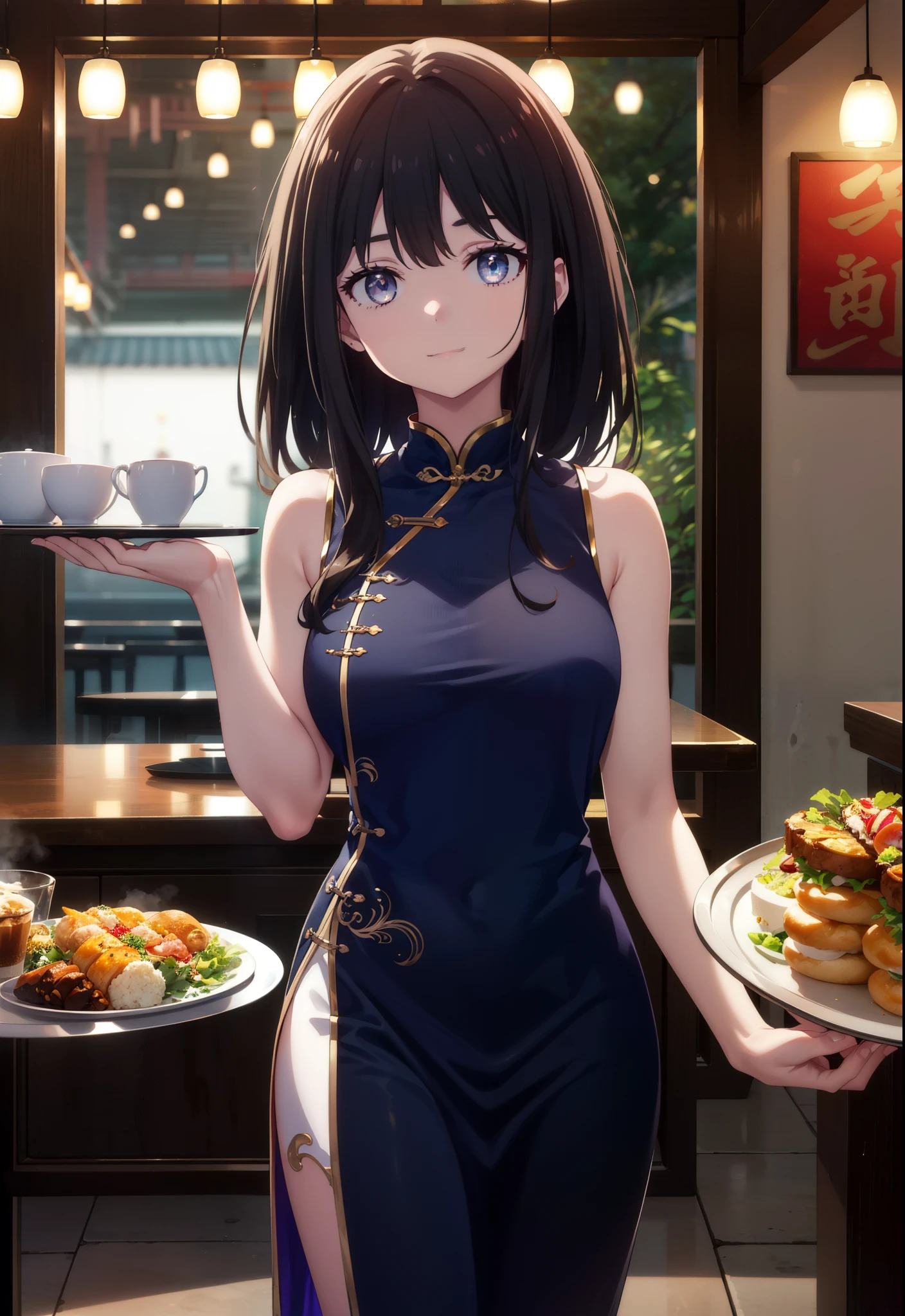 Takiuchi, Check it out, Long Hair, bangs, Black Hair, (Purple eyes:1.2),happy smile, smile, Close your mouth,
Sleeveless blue Chinese dress,Blue long slit,Black pantyhose,Stiletto heels,Tables and chairs, food, drink, tray, tray in one hand,whole bodyがイラストに入るように,Walking,
break indoors,Chinese style coffee shop,
break looking at viewer, whole body,
break (masterpiece:1.2), Highest quality, High resolution, unity 8k wallpaper, (shape:0.8), (Fine and beautiful eyes:1.6), Highly detailed face, Perfect lighting, Highly detailed CG, (Perfect hands, Perfect Anatomy),
break outdoors, city,
break looking at viewer, (Cowboy Shot:1.5),
break (masterpiece:1.2), Highest quality, High resolution, unity 8k wallpaper, (figure:0.8), (Beautiful attention to detail:1.6), Highly detailed face, Perfect lighting, Highly detailed CG, (Perfect hands, Perfect Anatomy),