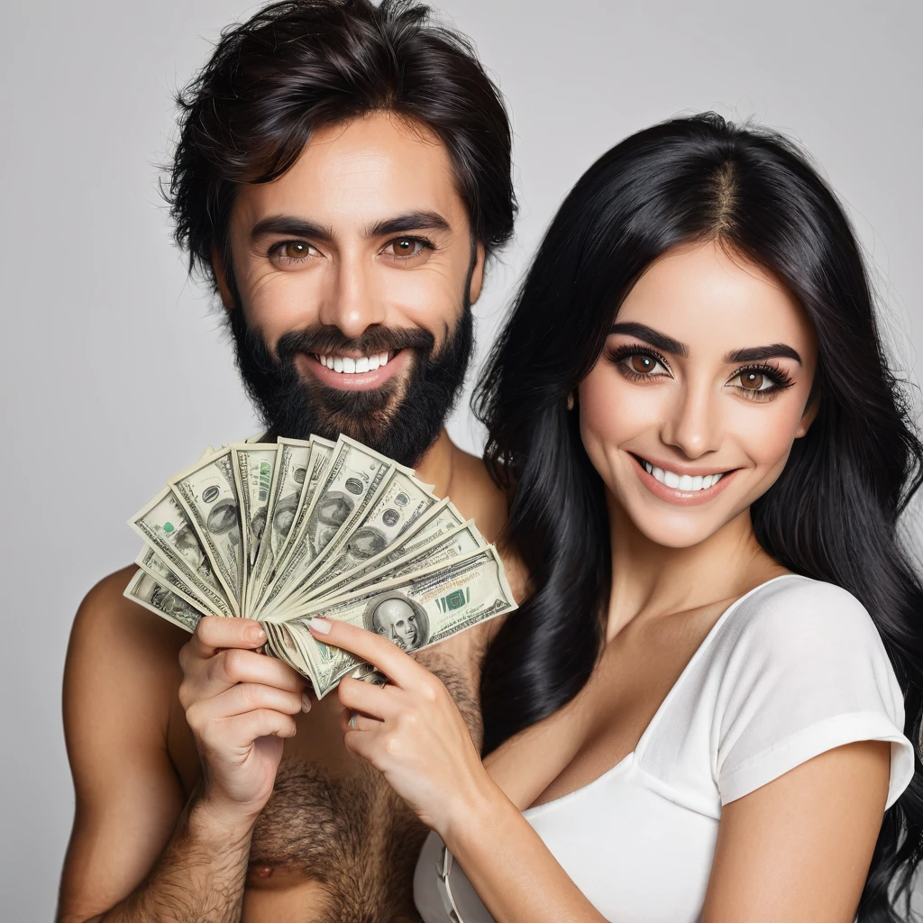bearded woman beautiful shaggy beard, black hair, brown eyes, eyeliner, proud smile, seductive look, hold a load of dollar bills