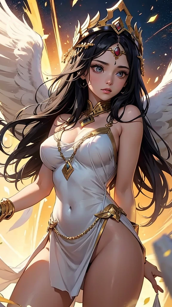 A beautiful black-haired woman transformed into the goddess of victory, enveloped in light.
