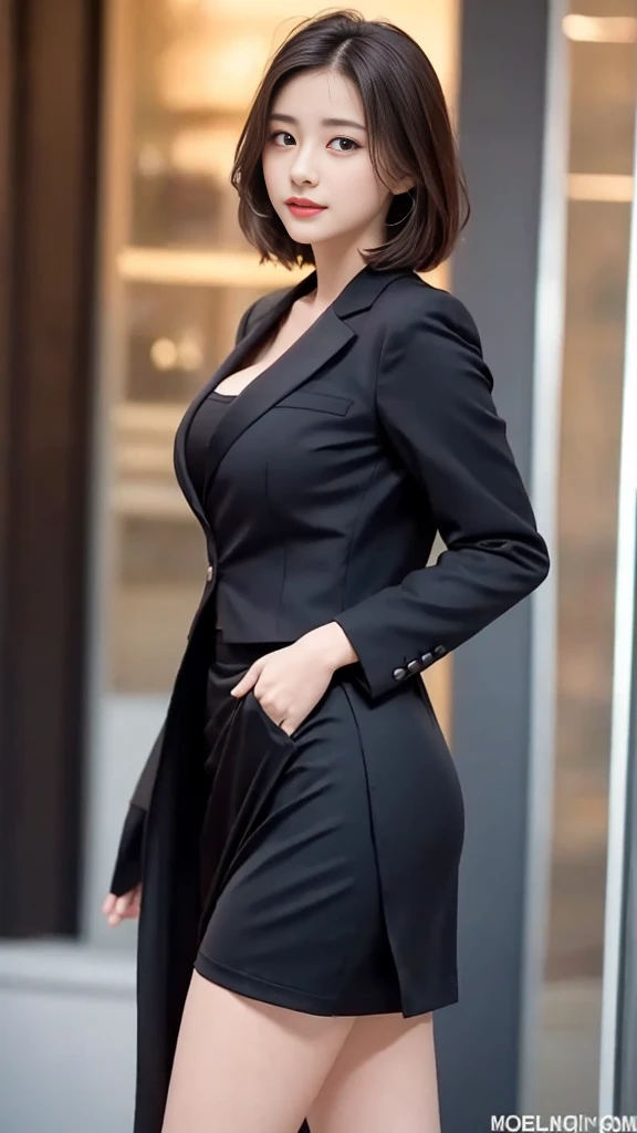 best quality, masterpiece, 1 Girl, Pretty Face, 25 years old，Mature，(photo Practical:1.3), Rim Light, (High Detail Skin:1.2), 8K uhd, Digital SLR Camera, high quality, high resolution, 4K, 8K, Bokeh,  absurd, The best ratio of four fingers and one thumb, (Practical:1.3), cute 1 Girl, Wearing a black formal suit jacket, Medium breasts, Short skirt,
