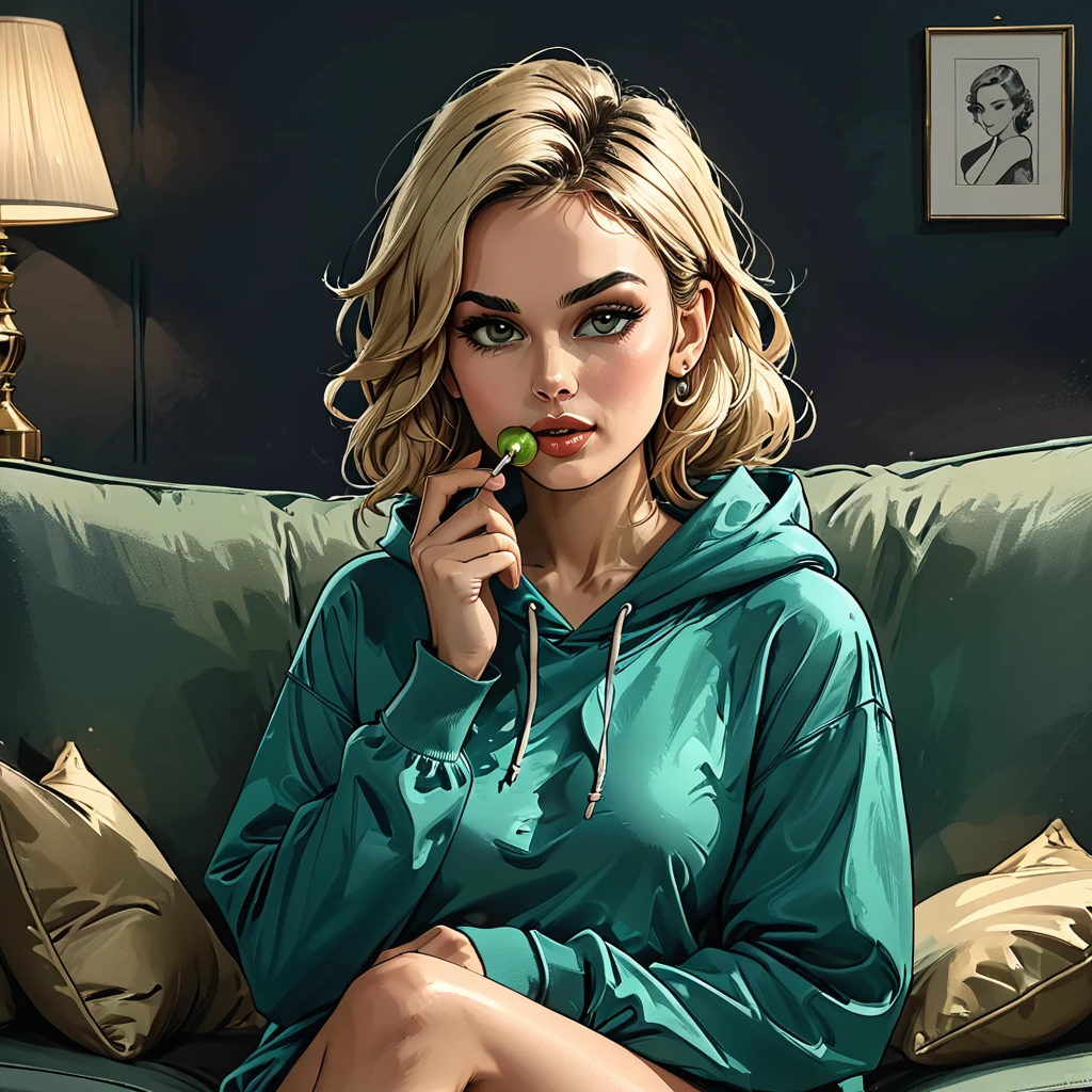 green ((pearl)) at hands,portrait girl eating a green pearl in (Blue oversized hoodie) and black Elastic shorts sits at sofa at dark green office, adult, [Nordic], Hourglass elongated fitness body, perfect Olive skin, Oval Face, Long neck, Rounded shoulders, perfect hand, Attached Pointed ears, round forehead, Short blonde Waves pixie hair, snub nose, Arched eyebrows, High Round Narrow cheekbones, Dimpled Cheeks, Rounded Chin, Rounded Jawline, Full nude Lips, Nude Makeup Look, long eyelashes, graphic style of novel comics, 2d, 8k, hyperrealism, masterpiece, high resolution, best quality, ultra-detailed, super realistic, Hyperrealistic art, high-quality, ultra high res, highest detailed, lot of details, Extremely high-resolution details, incredibly lifelike, colourful, soft cinematic light,