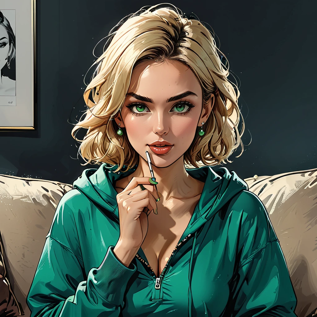 green ((pearl)) at hands,portrait girl eating a green pearl in (Blue oversized hoodie) and black Elastic shorts sits at sofa at dark green office, adult, [Nordic], Hourglass elongated fitness body, perfect Olive skin, Oval Face, Long neck, Rounded shoulders, perfect hand, Attached Pointed ears, round forehead, Short blonde Waves pixie hair, snub nose, Arched eyebrows, High Round Narrow cheekbones, Dimpled Cheeks, Rounded Chin, Rounded Jawline, Full nude Lips, Nude Makeup Look, long eyelashes, graphic style of novel comics, 2d, 8k, hyperrealism, masterpiece, high resolution, best quality, ultra-detailed, super realistic, Hyperrealistic art, high-quality, ultra high res, highest detailed, lot of details, Extremely high-resolution details, incredibly lifelike, colourful, soft cinematic light,