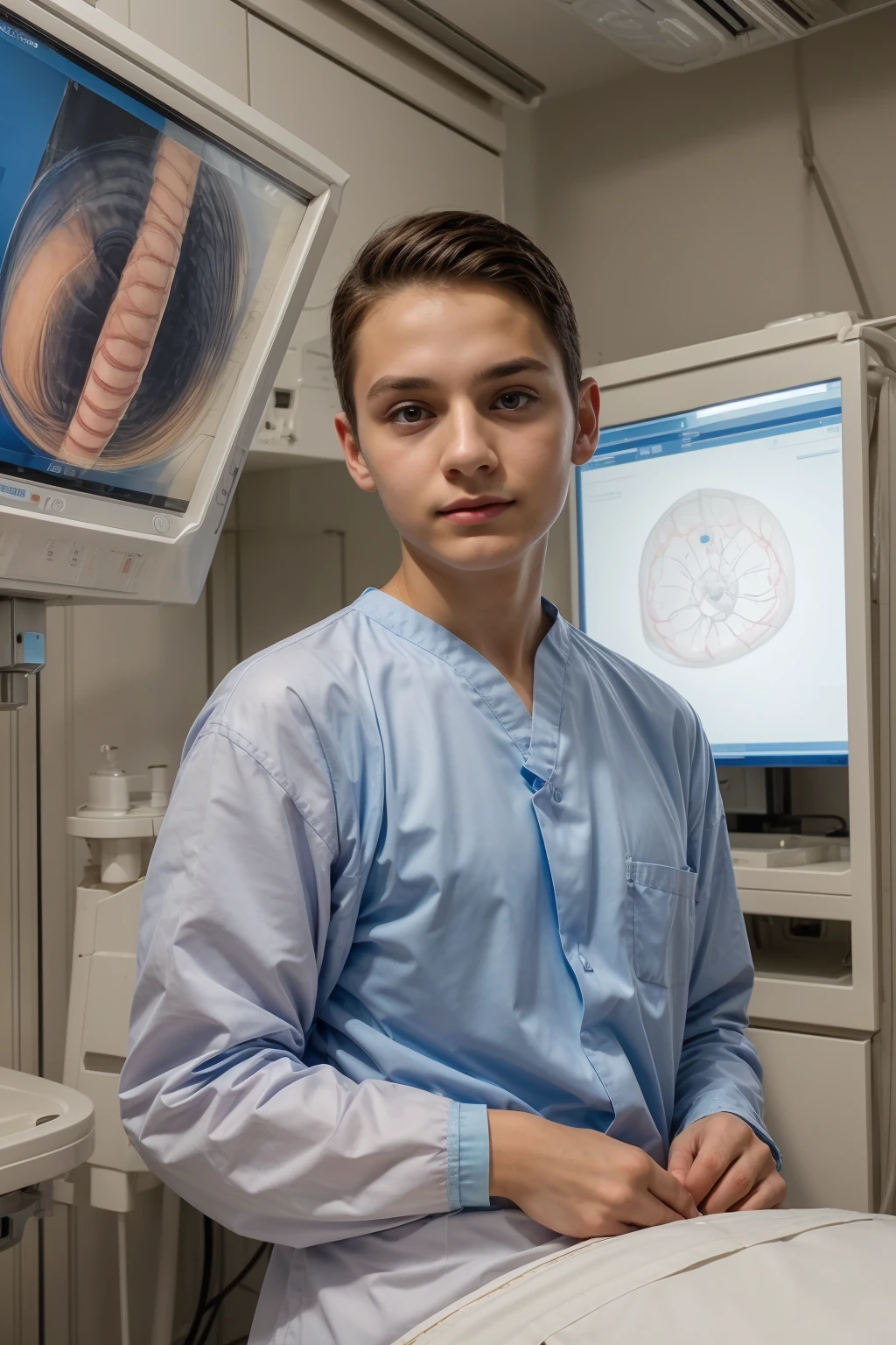 A young male twink, cute, beautiful, feminine, with a face with make-up on, and black hair, and he is wearing a long-sleeved, white shirt and aqua blue pants. He is in the surgical operating room, which specializes in cardiac surgery, and behind him are medical devices, medical equipment, an MRI screen, and an X-ray screen.  He looks on proudly