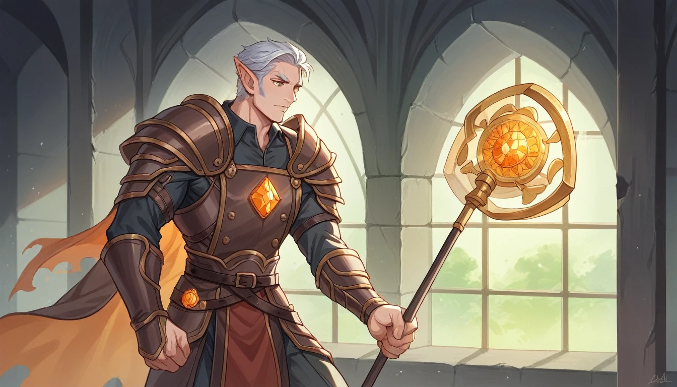 
The image depicts a slender and graceful elf blacksmith with pale skin and long silver hair neatly tied back. The elf is wearing a leather apron over beautiful traditional elven clothing.

He stands in front of a large forge emitting a warm orange glow. In his hands, he holds a large hammer and a blade being forged on an iron anvil. Surrounding him are various blacksmithing tools like tongs, chisels, and hammers neatly arranged on workbenches and walls.

The background shows a clean and organized workshop with shelves filled with precious metals, gemstones, and intricately crafted weapons and armor. A large window behind him reveals a dense forest with rays of morning sunlight streaming in, adding a magical and natural ambiance to the workspace. His expression is focused and full of dedication, reflecting the skill and wisdom he has gained over the years.