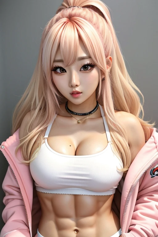 k-pop gyaru with cream hairs, ripped abs