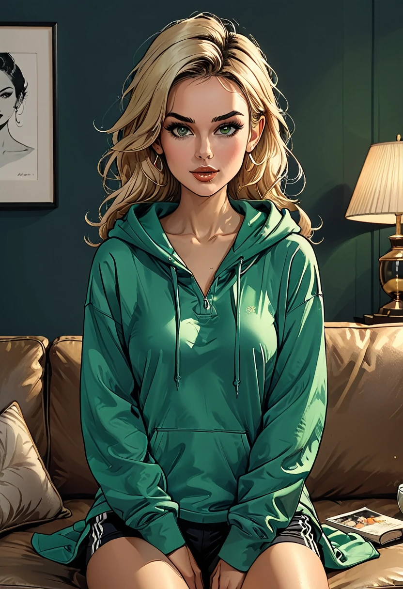green ((pearl)) at hands,portrait girl eating a green pearl in (Blue oversized hoodie) and black Elastic shorts sits at sofa at dark green office, adult, [Nordic], Hourglass elongated fitness body, perfect Olive skin, Oval Face, Long neck, Rounded shoulders, perfect hand, Attached Pointed ears, round forehead, Short blonde Waves pixie hair, snub nose, Arched eyebrows, High Round Narrow cheekbones, Dimpled Cheeks, Rounded Chin, Rounded Jawline, Full nude Lips, Nude Makeup Look, long eyelashes, graphic style of novel comics, 2d, 8k, hyperrealism, masterpiece, high resolution, best quality, ultra-detailed, super realistic, Hyperrealistic art, high-quality, ultra high res, highest detailed, lot of details, Extremely high-resolution details, incredibly lifelike, colourful, soft cinematic light,