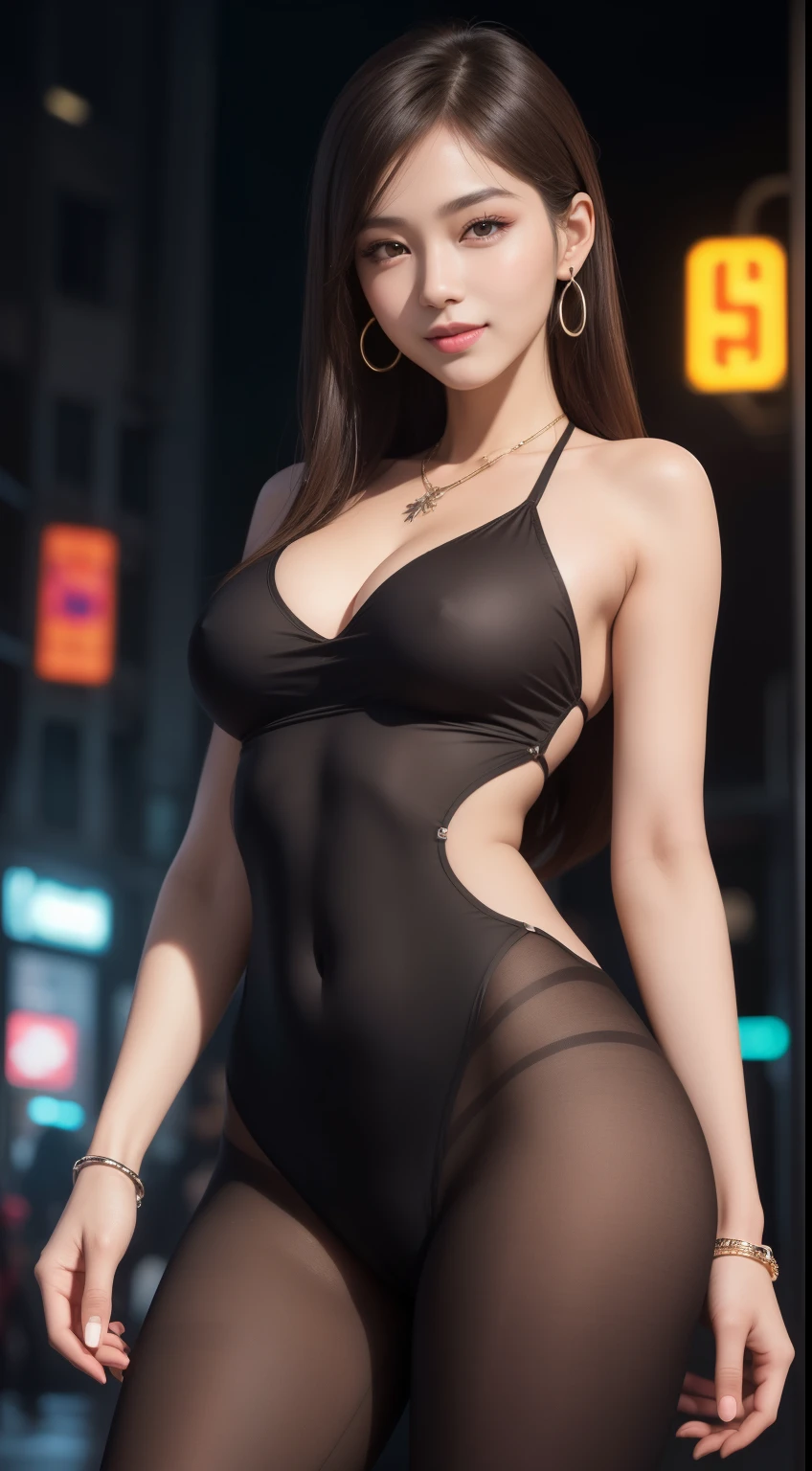 8K, masutepiece, Raw photo, Best Quality, Photorealistic, High-definition CG unified in 8K, 8K, Diamond, and wallpapers, depth of fields, Cinematic Light, Lens Flare, Ray tracing, (Extremely beautiful face, Beautiful lips, Beautiful eyes), intricate detail face, ((Ultra detailed skin)) 1girll, In the Dark, deepshadow, Beautiful Chinese Girl, Kpop Idol, 1 girl, (very slim and slender muscular body:1.3), ((view the viewer)),(Big smile:1.3), (Fashion Night, a dark night, (Neon Light Sign), (Blurred background), Fashion Street Night),(No one is in the background:1.3), Beautiful earrings, bangle, Necklace, pantyhose, Clear eyes, Walking, (pale skin), (Big eyes), Face forward, (Brown hairs), (Full body shot), ((silk hot transparent dress:1.3)), ((tight dresses)), ((laced dress)), (view the viewer:1.3) opened breast, Very slim, medium breasts, turn back, (Back shot), ass forcus, Before the eyebrows,(Tight Dress), thick thighs, Mini dress,Raise your legs，