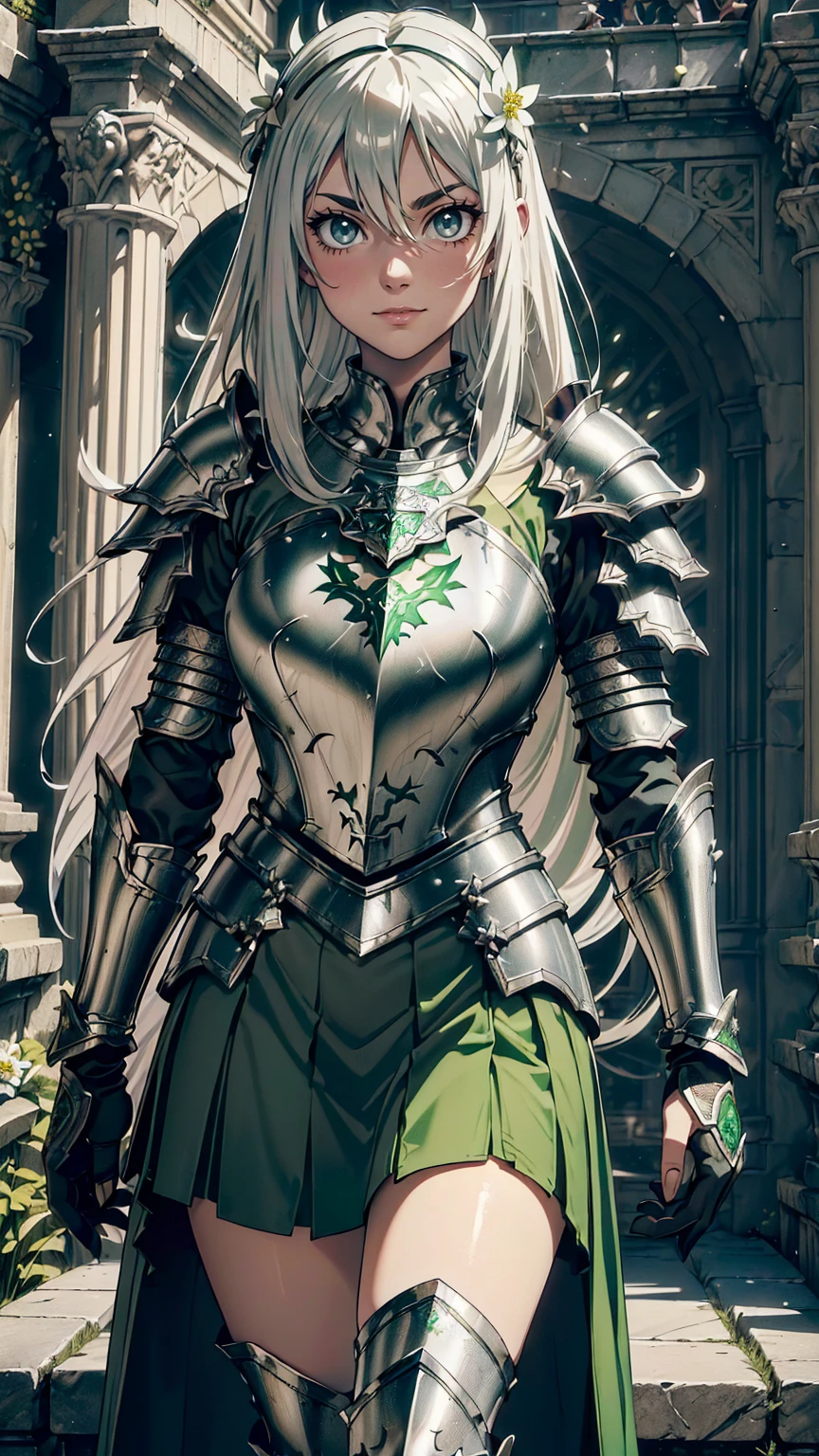 最high quality、Ultra High Definition, Ultra High Quality, Hyper Definition, Hyper Quality, Hyper Detailed, Extremely Detailed, Perfectly Detailed, Best image quality、masterpiece、woman((20-year-old、Super Dynamic Pose, Noble Armor, Green glowing eyes, Silver long Hair、Disheveled Hair、Long White Hair、thin, Glove、Green Skirt, Evil Smile, Cheerfull Expression、Hair White Flower Barrette、Armored With Full Coverage Noble Plate Armor, Leg Armor,)),high quality、Beautiful art、background((Inside the mansion))、Written boundary depth、movie、Visual Arts、Perfect art、8K,Genuine、