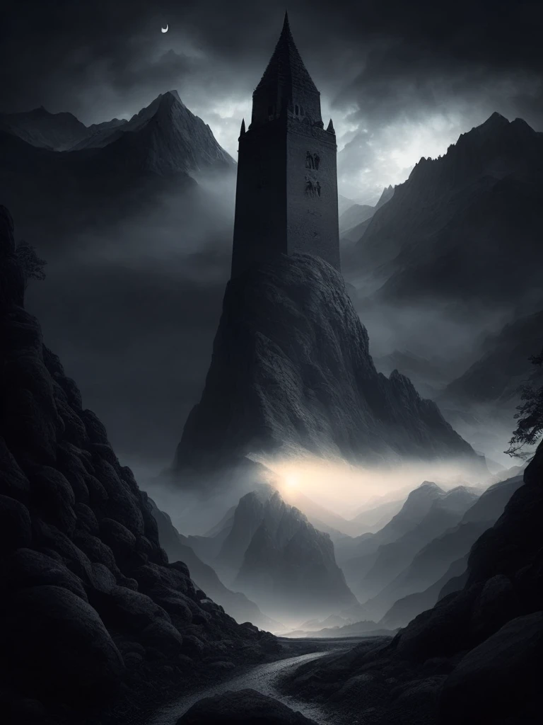 black tower, night, cloudy, mountains, dark fantasy