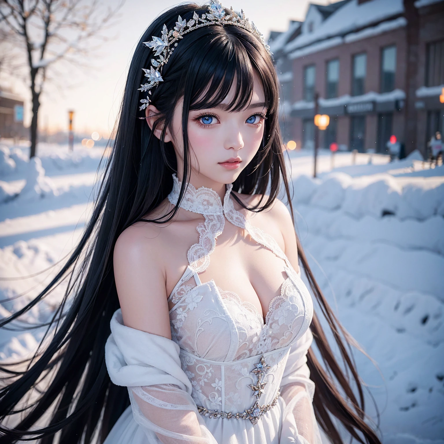 Close-up of a woman in a dress in the snow, Gweiz-style artwork, Beautiful digital art, Cute and detailed digital art, Beautiful anime portraits, Winter Princess, Trending on cgstation, Beautiful digital illustrations, Guweiz on ArtStation Pixiv, Fantasy art style, 8k high quality detailed art, guweiz on pixiv artstation, Black Hair, 美しいBlack Hair, 艶やかなBlack Hair, Short Bob, Hair length is above shoulder length, clear blue eyes,