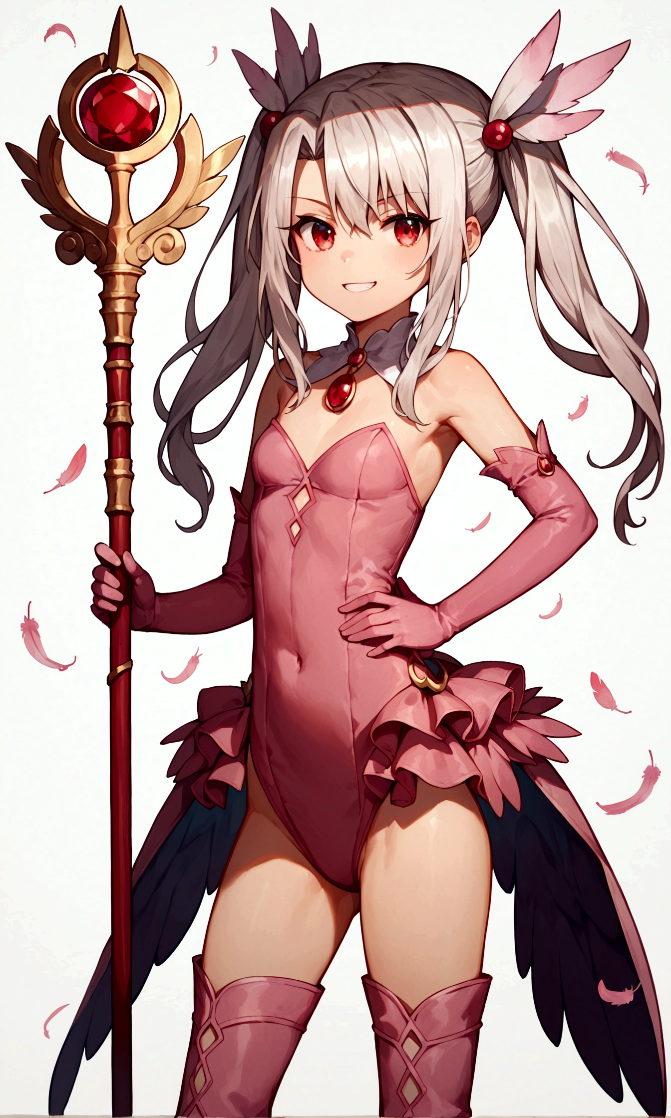 (score_9,score_8_up,score_7_up),(cowboy shot),looking at viewer,1girl,loli,illyasviel von einzbern,fate \(series\),white hair,red eyes,long hair,twin tails,hair ornament,feathers,pink dress,elbow gloves,magic girl,pink thigh Boots,standing,simple background,white background,serious grin,standing,((holding rubystaff)),hand on hip,mansion,