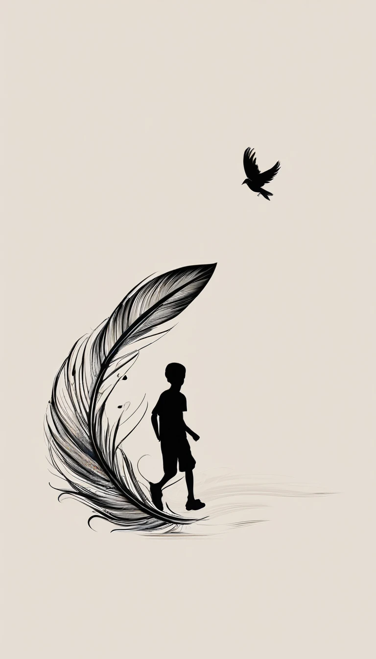 Create a minimalistic, simple, fantastic, easy to understand, logo design of a boy chasing memories with a feather.
