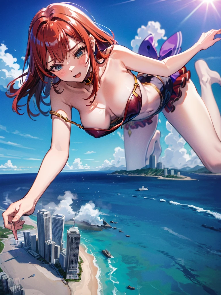 Giantess appears from underwater in front of a giant cruise ship, the cruise ship looks very small in front of her because it is giant, she is naked, she has red hair and white skin, she has small breasts but very sexy legs and her body is very curvy. Goddess, Attack, giant, cruise ship, naked, sexy, hot, ocean, in middle of the ocean, without buildings, High quality, Red hair, hottest, tall girl, sexy legs, monster girl, cruise ship, giant cruise, attacking, evil, mad