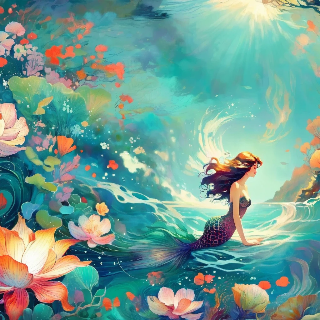 Tropical Island Mermaid by Victo Ngai and Anna Dittmann, flowerpunk, serene stylized, ocean, ukiyo-e, beksinski, leonid afremov