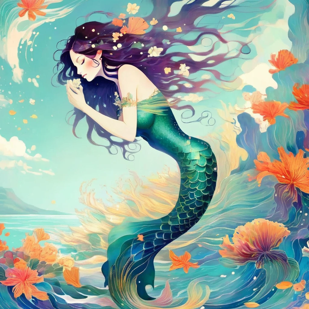 Tropical Island Mermaid by Victo Ngai and Anna Dittmann, flowerpunk, serene stylized, ocean, ukiyo-e, beksinski, leonid afremov