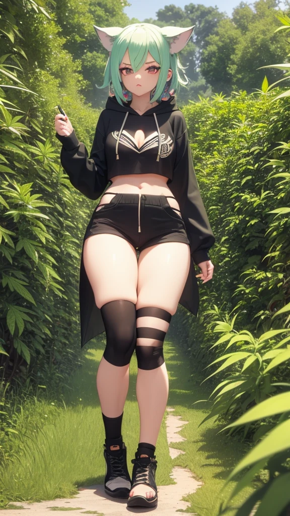 , Croped, , cleavage, slim waist, cropped hoodie underboob, cropped hoodieunderboobhoodie, 1girl, 2 wolf ears, wolf tail, marijuana crop hoodie, crop shorts, marijuana hoodie, spiky hair, spiky fur, green hair, red eyes,marijuana field, tight clothes, perfect eyes, perfect hands, clear resolution, full body, cleavage skin, marijuana plants, open hoodie, marijuana scenery, black thigh high socks, full body, earrings, 1girl, skirt, cleavage, slim waist, cleavage, slim waist, hair pulled back,