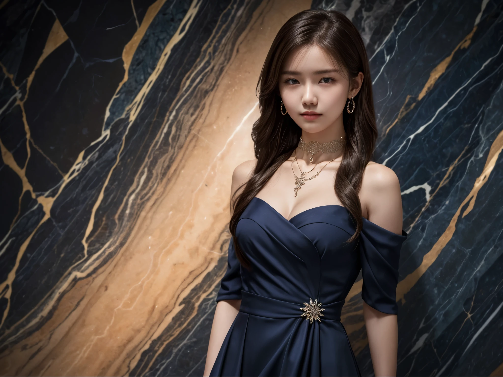 1girl, centered, detailed face, wears a harmonious deep blue color outfit, (very elegant modern layered formal oufit:1.2), realistic, (strong direct frontal spotlight lighting:1.2), simple and stylish dark background, (stylized marble background:1.2), (solo:1.2), intricate bulk earring and necklace, intricate ornamental glamorous choker necklace, delicate hairpin, (show full of her torso:1.2), (show her bodyshape:1.2), (full body:0.9), (looking at viewer:1.2), (15yo, cute:1.2), (breasts:1.2),