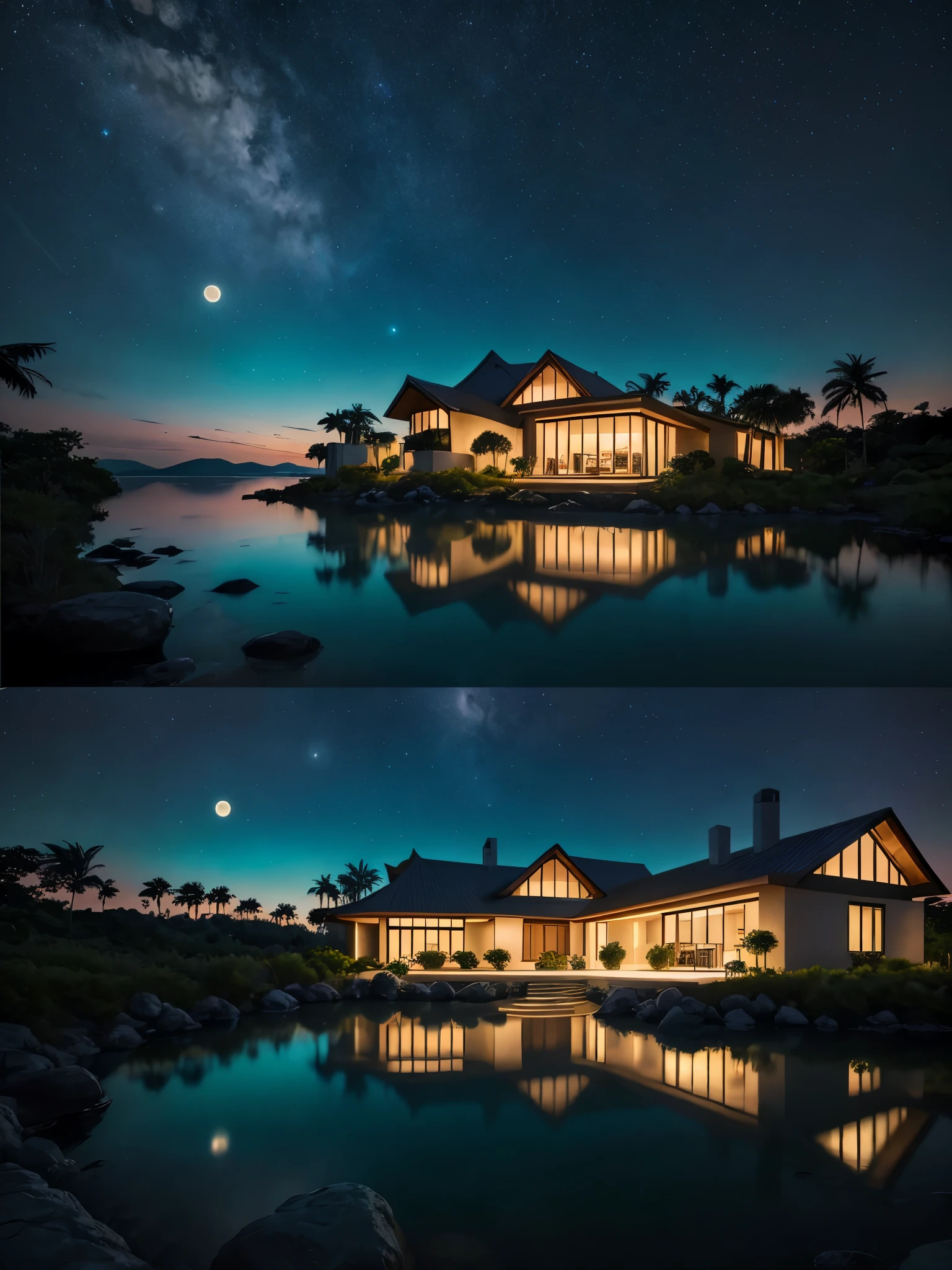 A futuristic, glass-domed house is situated on the edge of a serene body of water, reflecting its surroundings perfectly. The house features a sleek, modern design with multiple stories and expansive windows. It stands amidst lush, tropical vegetation, including several palm trees. The sky is dominated by a massive, ethereal moon that illuminates the scene with a soft, otherworldly light. The night sky is filled with vibrant, multicolored nebulae and distant stars, creating a cosmic and dreamlike atmosphere. The lighting is predominantly cool and luminous, with a mix of teal and deep blues. The water below mirrors the celestial scene above, adding to the surreal and tranquil ambiance. The perspective is slightly tilted upwards, emphasizing the grandeur of the house and the vastness of the sky.
