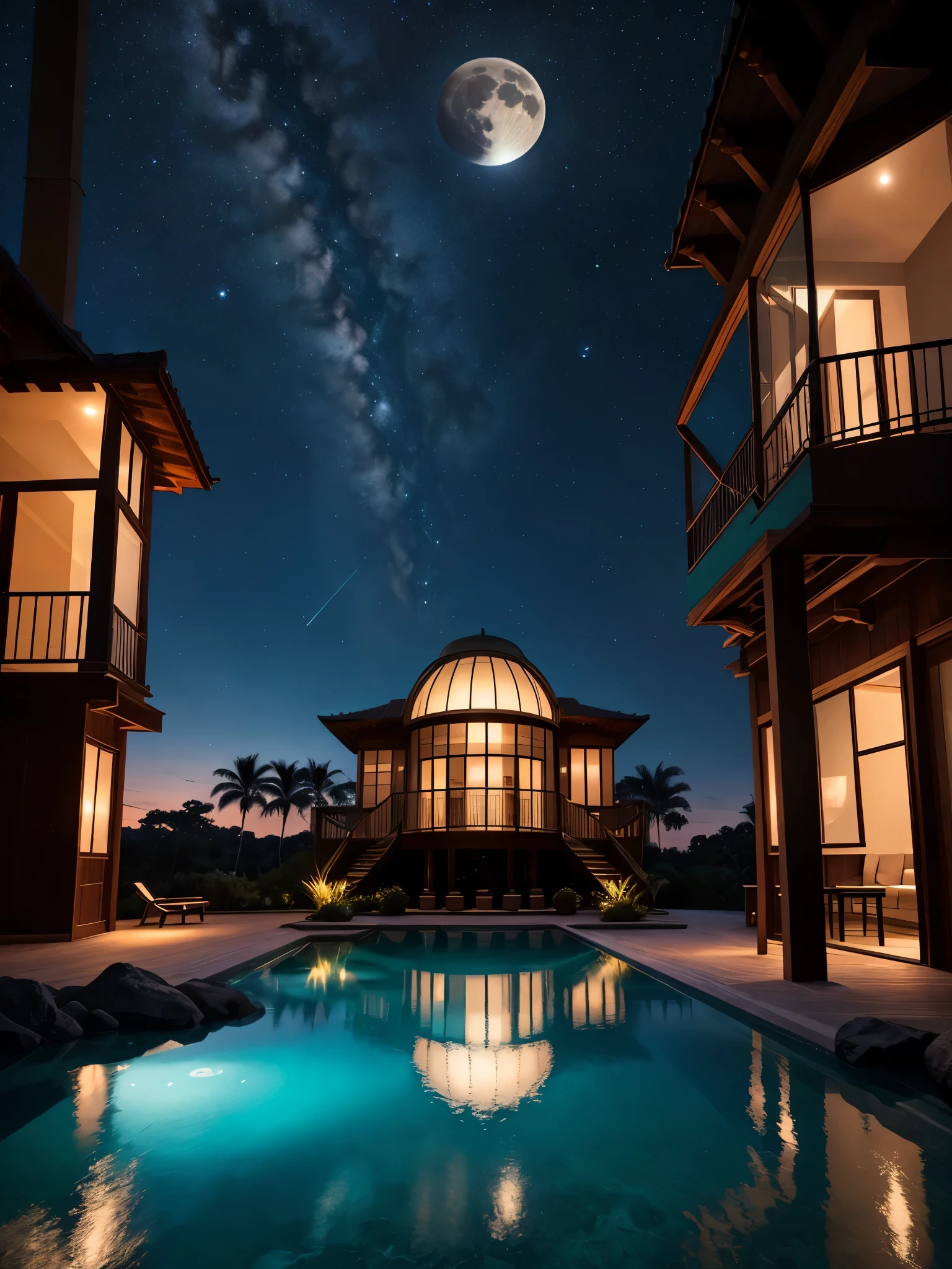 A futuristic, glass-domed house is situated on the edge of a serene body of water, reflecting its surroundings perfectly. The house features a sleek, modern design with multiple stories and expansive windows. It stands amidst lush, tropical vegetation, including several palm trees. The sky is dominated by a massive, ethereal moon that illuminates the scene with a soft, otherworldly light. The night sky is filled with vibrant, multicolored nebulae and distant stars, creating a cosmic and dreamlike atmosphere. The lighting is predominantly cool and luminous, with a mix of teal and deep blues. The water below mirrors the celestial scene above, adding to the surreal and tranquil ambiance. The perspective is slightly tilted upwards, emphasizing the grandeur of the house and the vastness of the sky.